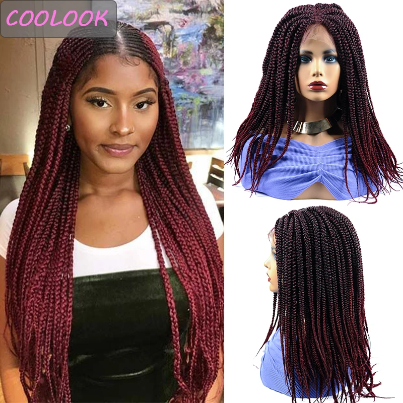 

Ombre Burgundy Lace Front Wig with Bady Hair 18'' Synthetic Brown Box Braids Wigs for Black Women Daily Cosplay Braided Lace Wig