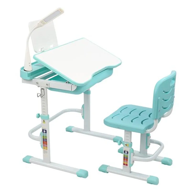 

70/80CM Hand-cranked Lifting Top Children Learning Table And Chair Blue-Green (With Reading Stand USB Interface Desk Lamp)