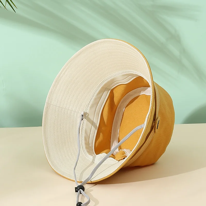 

[PTAH] Fashion New Bucket Hats Women's UPF 50+ Cloth Cap Foldable Windproof Rope Beach Hats Breathable Sun Protection Cap Female