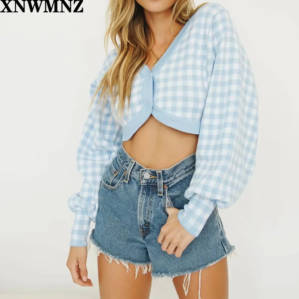 

XNWMNZ za French Knitting Check Plaid Crop Cardigan Sweater Retro Woman V neck Long Lantern Sleeve Gingham Jumper Short Knitwear