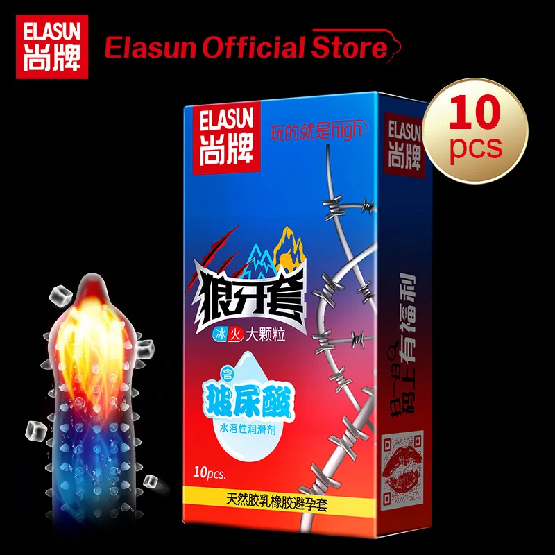 

Elasun 10pcs Fire Ice Condoms With Spikes Large Dots Orgasm G-Spot Massage Penis Sleeve for Sex Funny Cock Intimate Goods