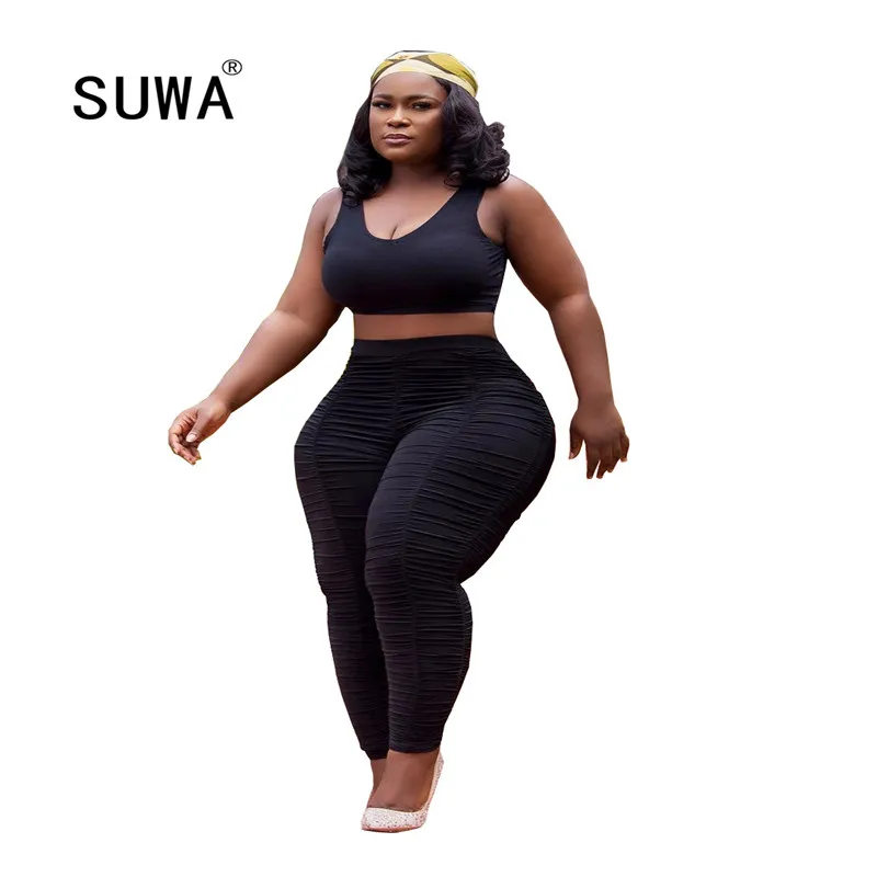 

Summer two piece lounge set for women pink clothing 2020 new fashion tank crop top + high waist pants trousers chic suit