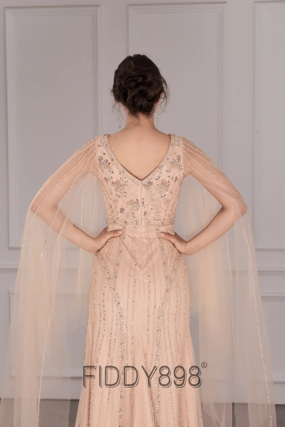 Crystal Diamond Dress Split Side Sequins Beaded Prom Gown 2020 For Girls Cap Sleeves Long Champagne Gown Party Vistidos De Gala