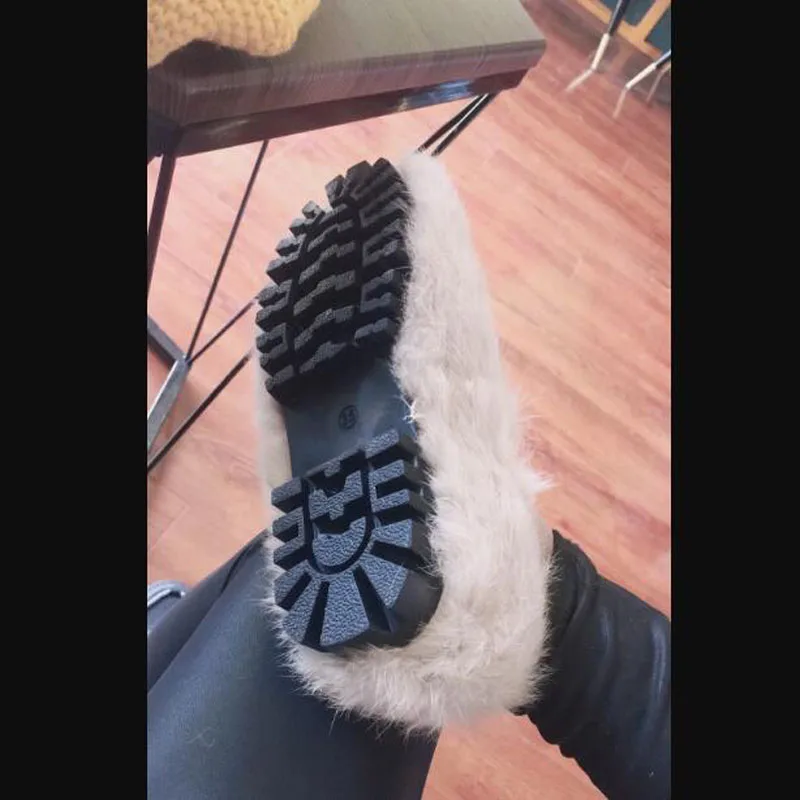 Женские меховые лоферы на плоской подошве модные теплые плюшевые кроличьем меху