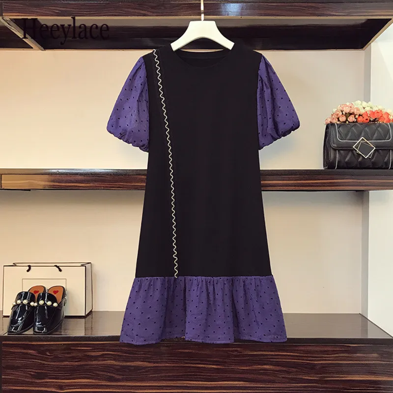 

Plus Size Women Ruffle Dress Summer 2021 Cute Heart Flocking Patchwork Puff Sleeve Lace Diamond Ribbon Loose Casual Dresses 5XL