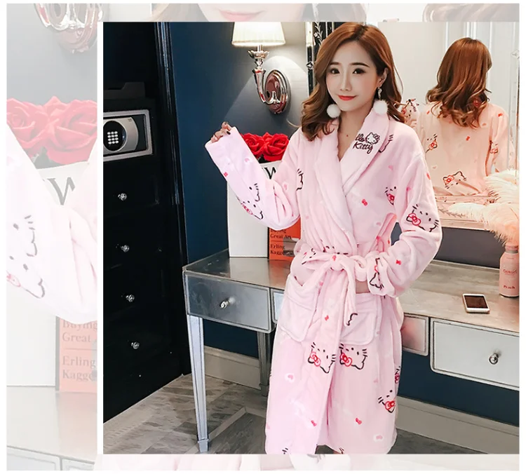 Женская фланелевая ночная рубашка hello kitty с длинным рукавом, банный халат, штаны, зимняя Милая Пижама с рисунком, Женская домашняя одежда, комплект одежды для сна