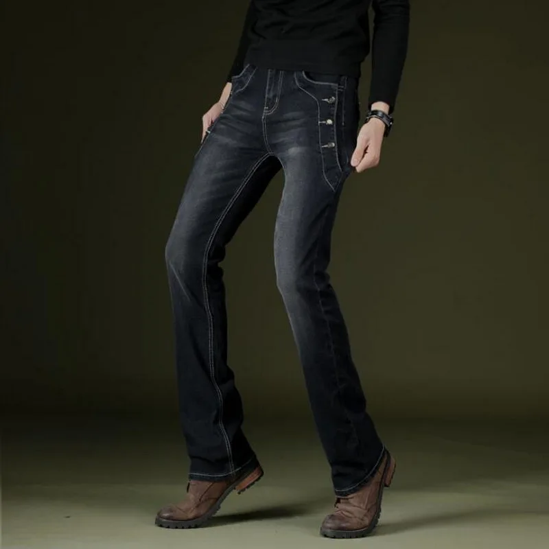 Men Jeans Small Flared Jeans Stretch Slim Male Flared Denim Pants Side Button Decoration Jeans