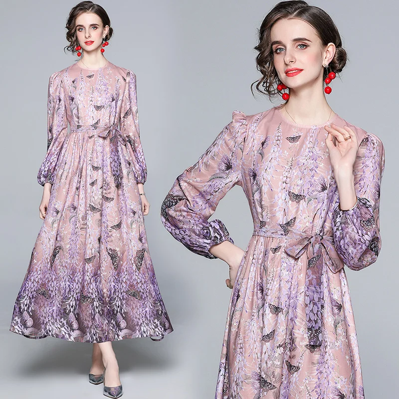 

spot 2021 Australian shows new high-end restoring ancient ways round collar printed show thin waist connect dress skirt