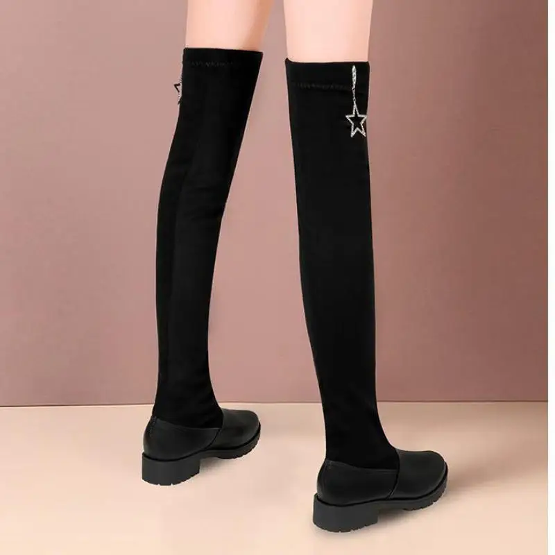New Over-the-Knee skinny sexy high-heel boots winter knitting Round Toe velvet warm women's boots women thigh high flat boots