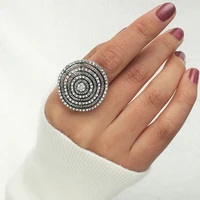 vintage oxidized silver color metal rings for women bohemain female jewelry full rhinestone adjustable opening finger ring gift