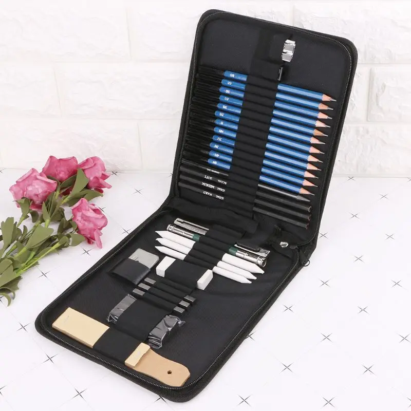 

32Pcs Office School Writing Supplies Professional Drawing Artist Kit Pencils Sketch Charcoal Art Craft With Carrying Bag Tools