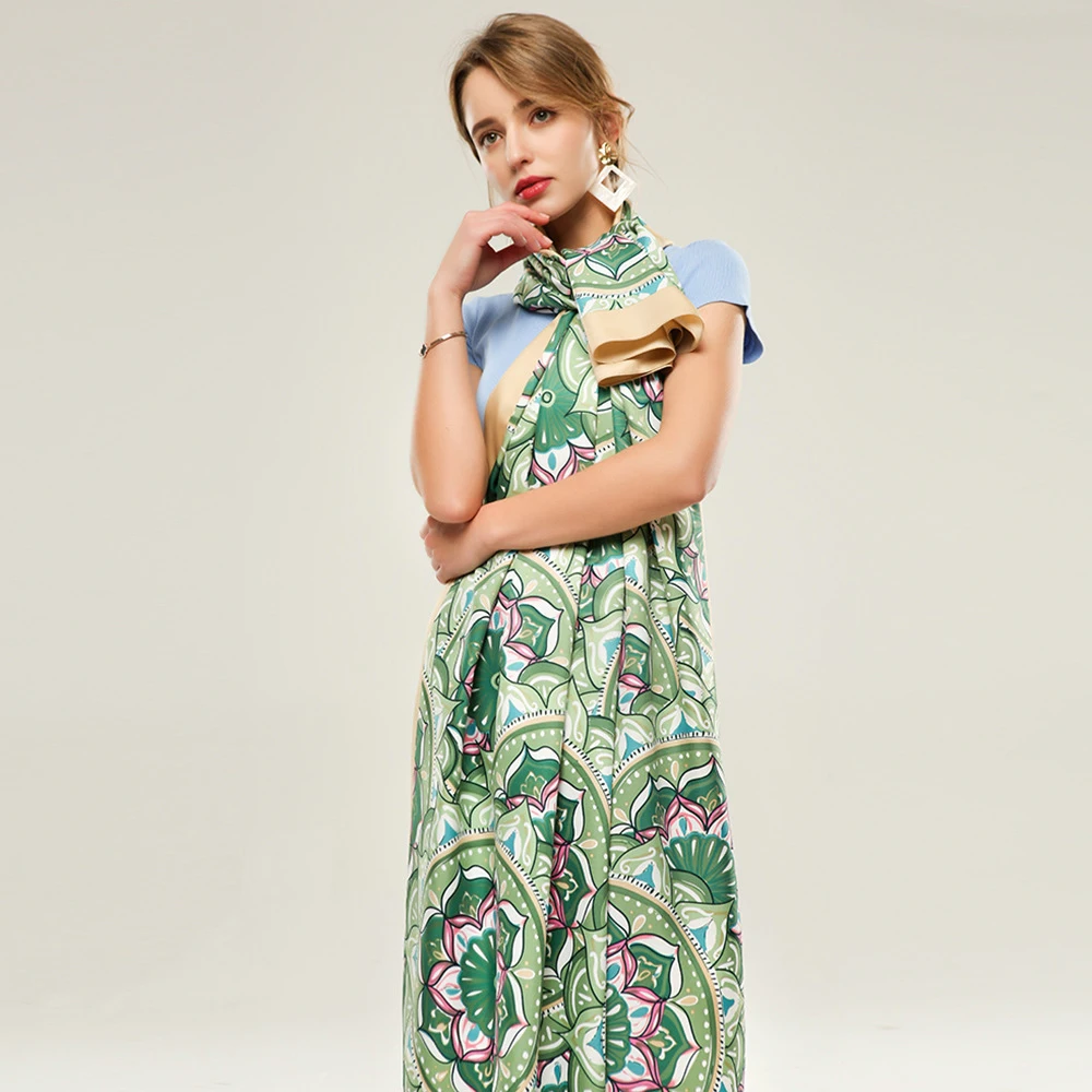 Женский хлопковый шарф с принтом FS зеленый или оранжевый пляжный цветочным