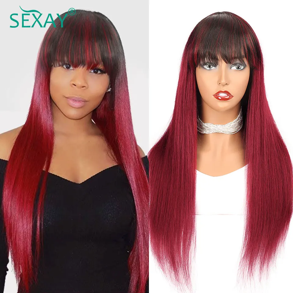 

Sexay 150D Burgundy Human Hair Wigs With Bangs 1B Red Pink Purple Fringe Wigs Full Machine Made Human Hair 180 Density Bang Wigs