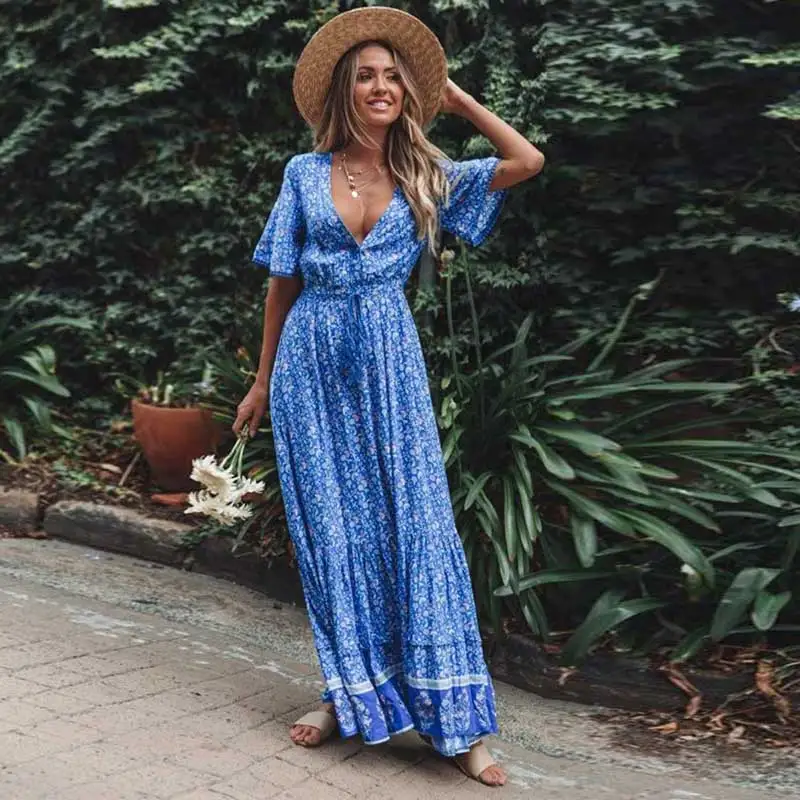 Богемный Вдохновленный макси платья голубого цвета с цветочным принтом