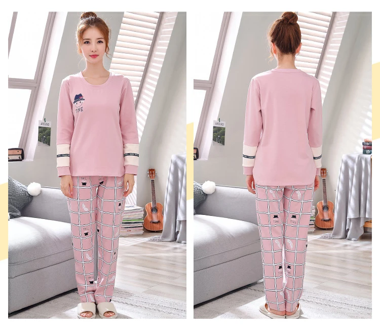 Пижамные комплекты для женщин с круглым вырезом Pijama Mujer пижама с длинным рукавом весенняя Хлопковая пижама Femme Повседневные наборы пижам комплект из двух предметов