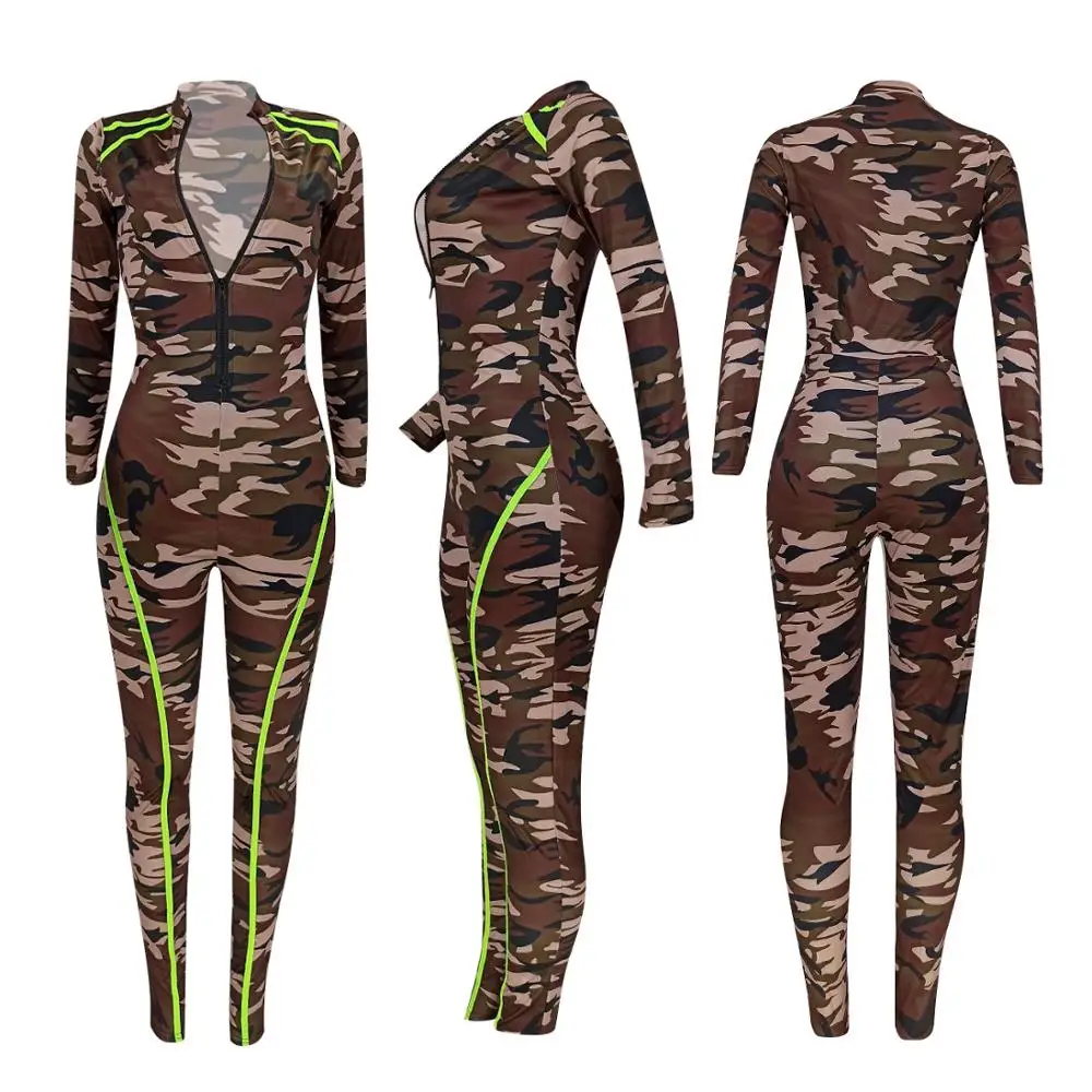 

Hot Design Club Sexy Camouflage Jumpsuits Zipper Deep V Casual Bodysuits Women Fall Long Sleeve Plus Size Elegant Party Romper