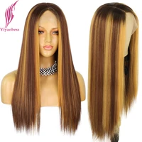 yiyaobess 26inch middle part long straight t lace wig synthetic hair highlights brown cosplay wigs for women peruca