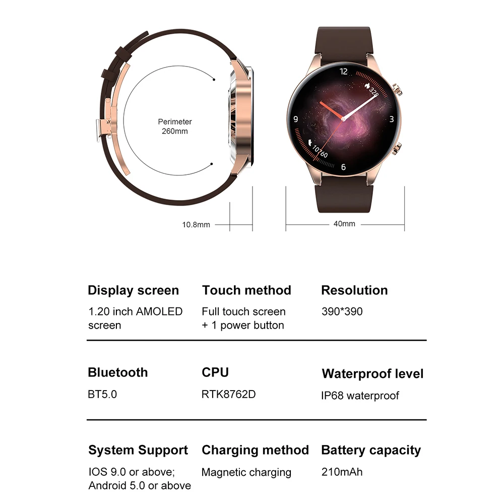 

Gfordt LA08 1.2" AMOLED Smart Watch Global Blood Pressure Oxygen Bluetooth 5.0 IP68 Waterproof 24h Heart Rate Monitor