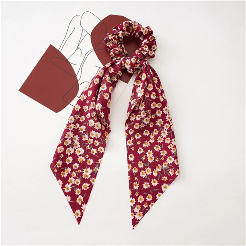 

Women Bow Streamers Scrunchies Floral Print Elastic Hair Bands Girls Hair ties Ponytail Scarf Korean Hair Accessories Headwear