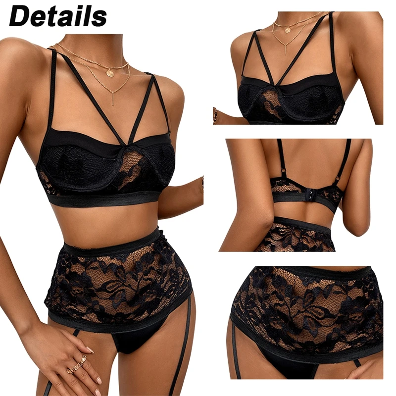 Сексуальное женское нижнее белье с черным ремнем Сетчатое кружевное стринги