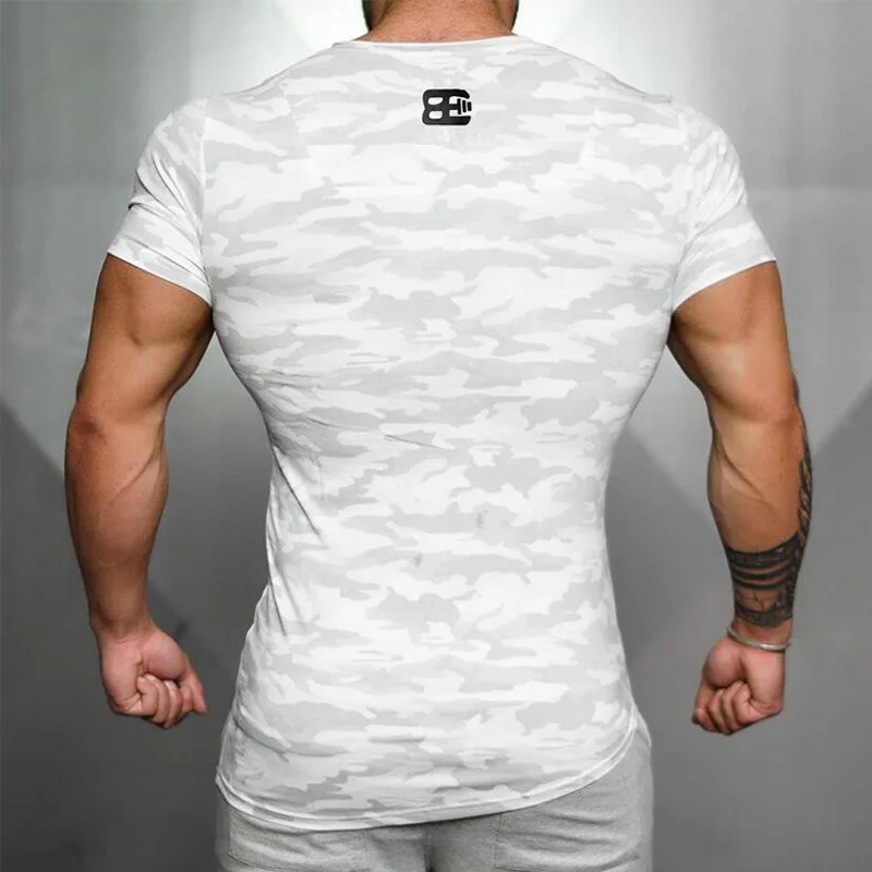 

New Mens Tight-Fitting Short-Sleeved T-shirt Fitness Organization Fitness Gyms Fitness Splicing Cotton T-shirt Size M-XXL