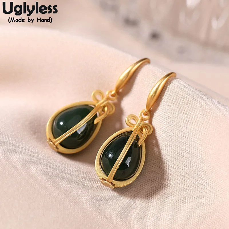 

Uglyless Natural Gemstones Jade Agate Olive Earrings for Women Packed like a Gift Gold Bow Earrings 925 Silver Fashion Jewelry