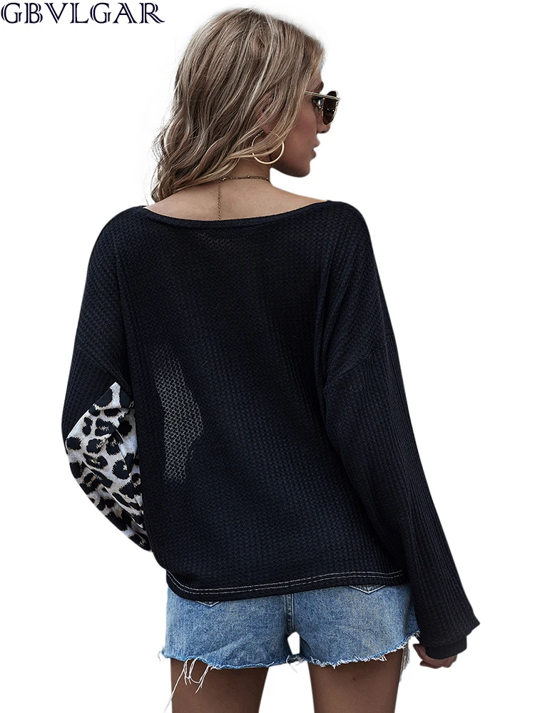 

Autumn Winter Leopard Patchwork Women's Sweater Ladies Sweaters Knitted O-neck Top Full Sleeve Woman's Jumper Solid Pullover