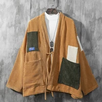 men corduroy kimono jacket cardigan japanese coat haori outwear patch retro loose belt yellow green jacket 914 a556