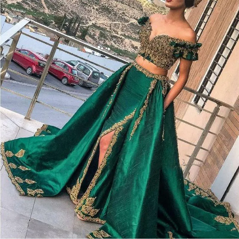 

Indian hunter Green 2 Piece Evening Dresses with Gold Lace Applique Prom Gowns Sexy Saudi Arabic Beaded Kaftan abaya Wear