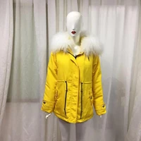 yellow bright color white real wool fur liner winter slim jacket with hoodies