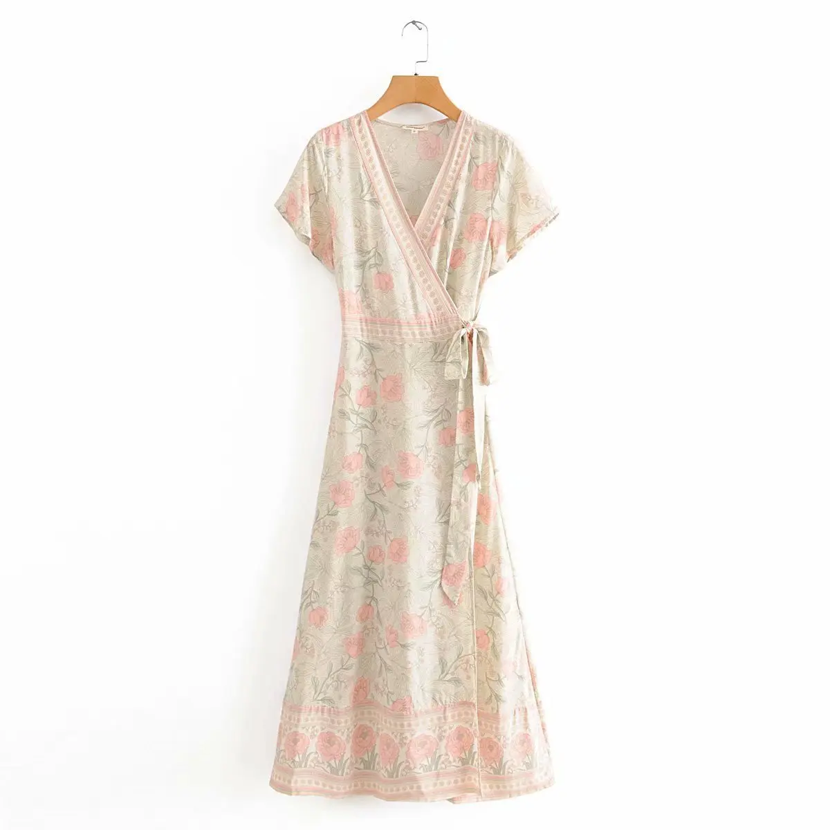 

Vintage chic women floral print cross v-neck beach Bohemian maxi dress Ladies v-neck ruffles Boho pleated dress vestidos