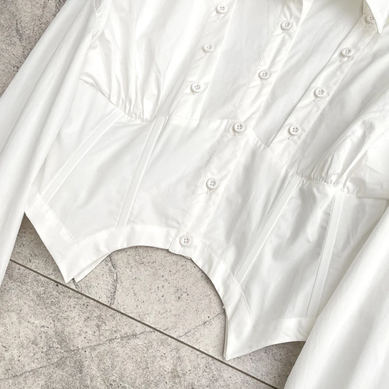 

Casual White Irregular Shirts For Women Lapel Long Sleeve Korean Ruched Slim Blouses Female 2021 Spring Fashion New