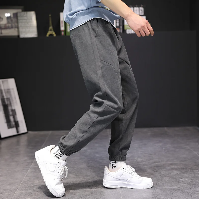 

2021 Men's Spring and Autumn Casual Pants Youth Loose Belt Capris Solid Color Tether Korean Mid Waist Fashion Pants Trend