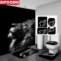 Lonely Black Lion Art Print Polyester Fabric Shower Curtain Non-Slip Bath Mat Toilet Lid Cover Rugs Gothic Bathroom Decor Sets