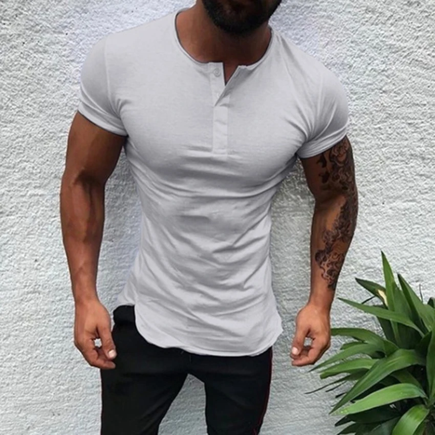 

Men Henley Shirt new Tee Tops Short Sleeve Stylish Slim Fit T-shirt Button Collar Casual Men Outwears Clothing Man