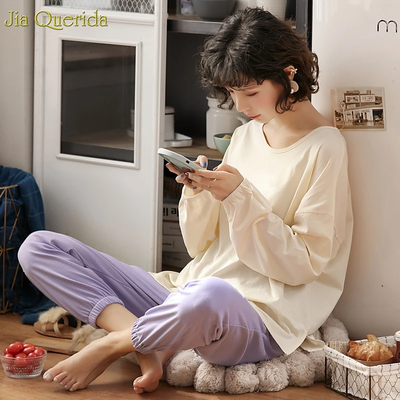 Новая Осенняя Пижама для женщин Хлопковая пижама с длинным рукавом голубой топ