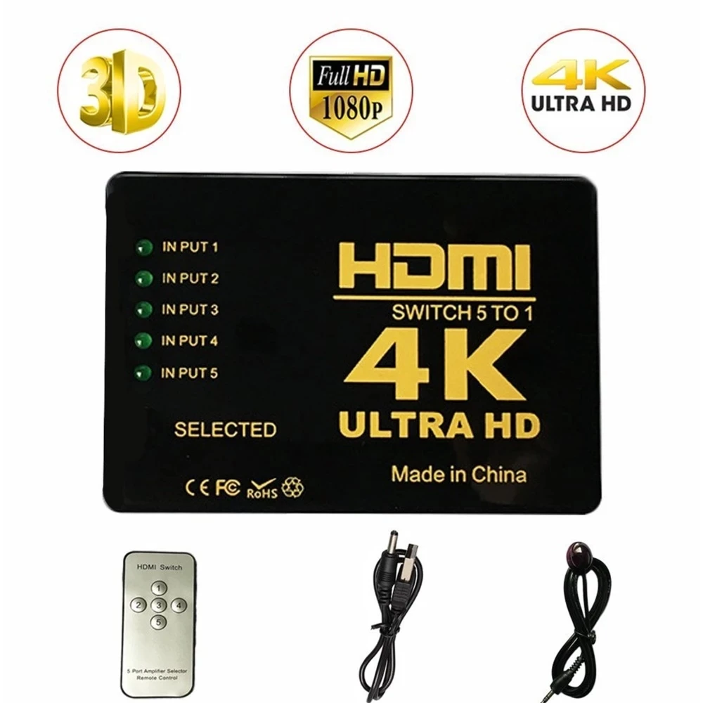 

Сплиттер Ultra HD 4K HDMI совместимый с 1x 5 портами 3D 4K * 2K видео для переключателя 1 вход 5 Выходной концентратор с ИК-пультом дистанционного управле...