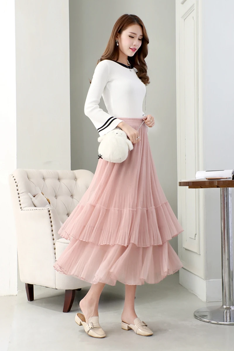 

Ruffled White Pleated Long Skirt Women's Slimming Oversized Solid Color Skirt Female Korean Style High Waist Skirt