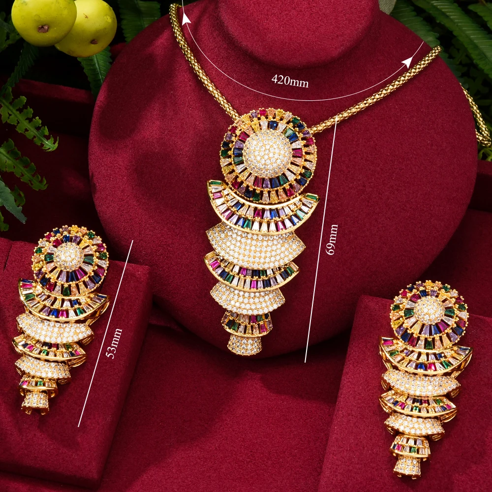 

New Gorgeous Luxury Trendy Wedding Big Sparkly Pendant Necklace Earrings Jewelry Sets High Quality Cubic Zircon Accessories