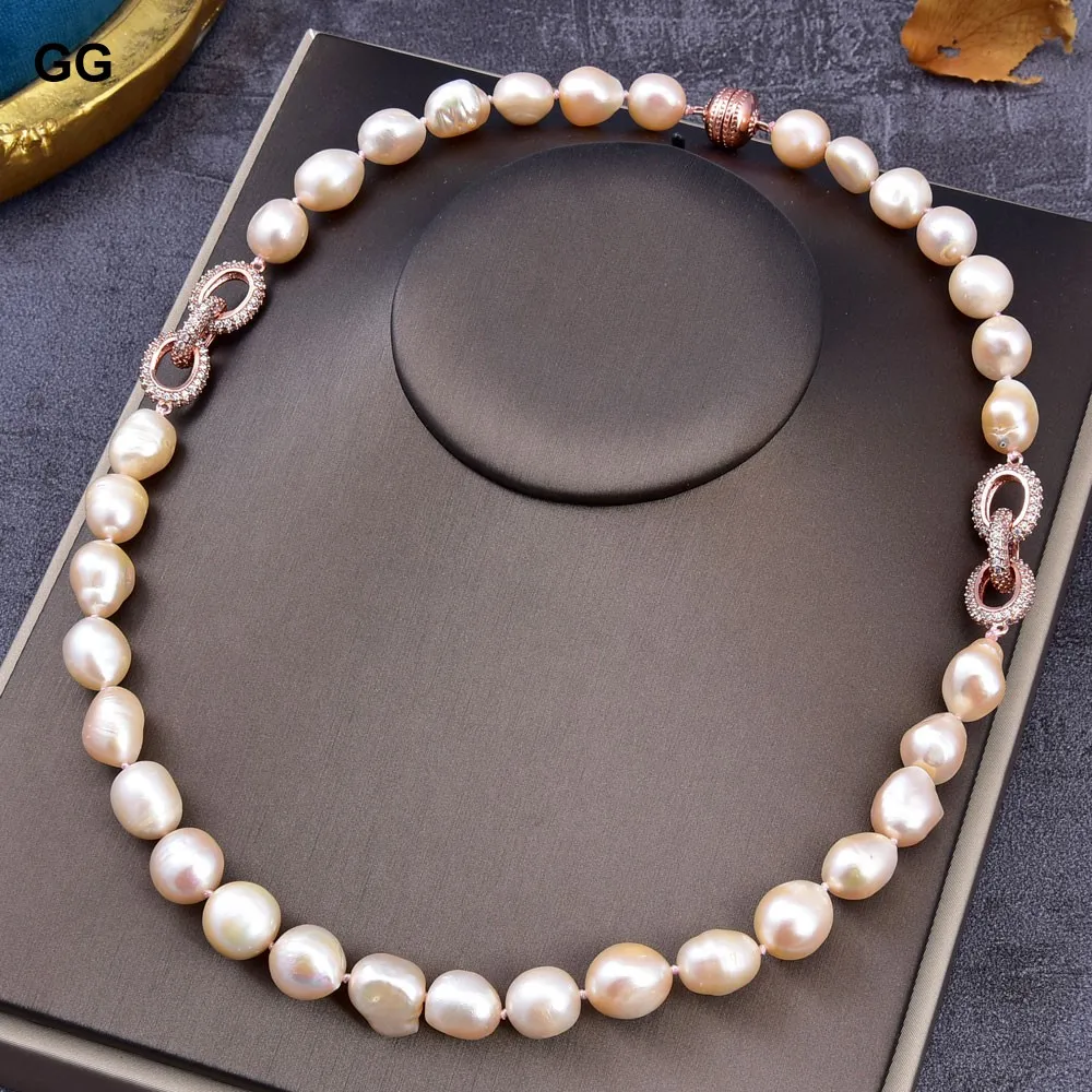 

GuaiGuai Jewelry 22" 13mm Pink Natural Baroque Keshi Pearl Necklace CZ Connector For Women