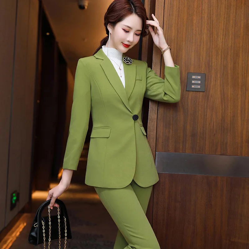 IZICFLY New Style Autumn Winter Green Female Suit With Blazer Uniform Business Pant Set Women Clothing Two Piece Work Wear