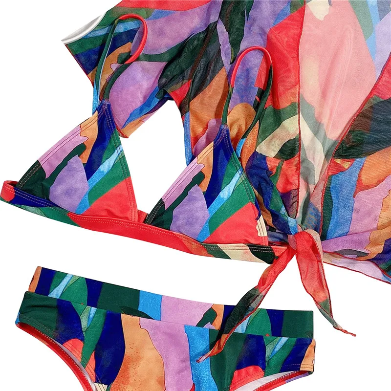 

Women Three-piece Swimming Clothes Set Tangerine Printed Pattern Bikini Tops Shorts and Crop Tops