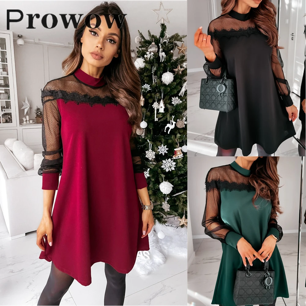 

Prowow Solid Lace Mini Dress Spring Autumn Women Fashion Lace Long Sleeve O Neck Pullover Dresses Casual Loose Sexy Short Dress