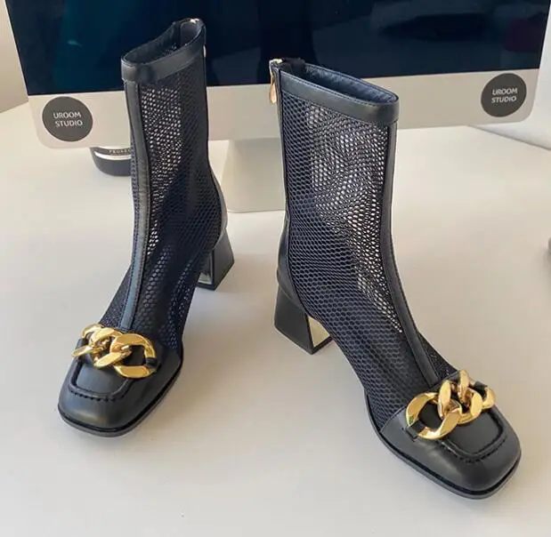 

NEW Summer Fashion Women's Boots 2021 Shoes Mesh Square Toe Metal Decoration ZIP Leisure Basic Mid-Calf Solid High Heels