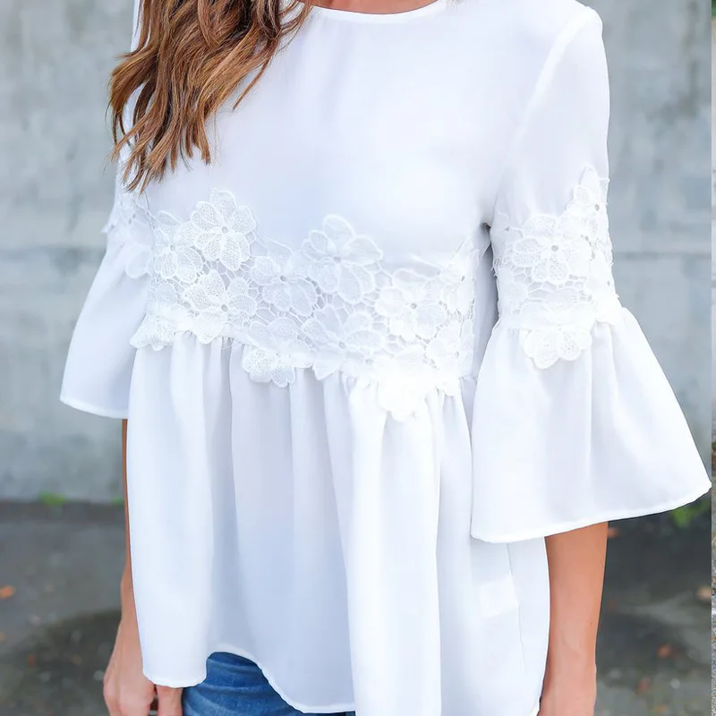 

SUSOLA Spring Fall Fashion Women Half Flare Sleeve Loose Lace Casual Chiffon Shirt Vintage Chiffon Retro Shirt
