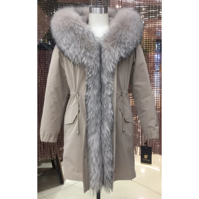 Женская зимняя длинная парка куртка с капюшоном и воротником из енота лисы