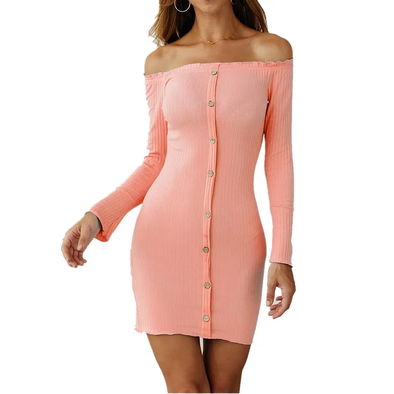 Облегающее платье с открытыми плечами женское осень 2019 модное трикотажное