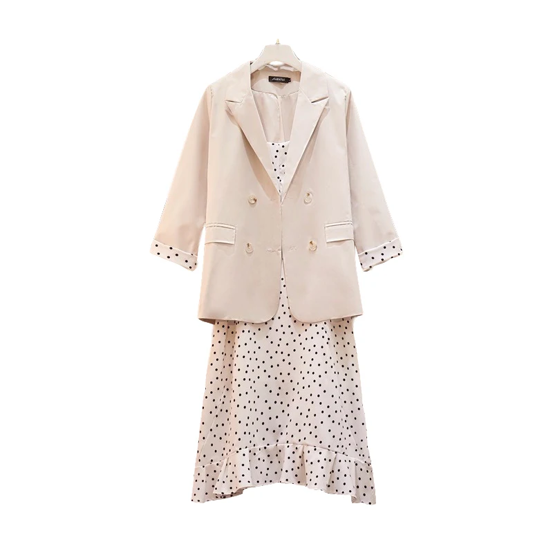 

Trytree Autumn Women two piece Set Casual Polka Dot Sling Dress+ Coats Suit V-Neck Pocket Button Double Breasted Set 2 Piece Set