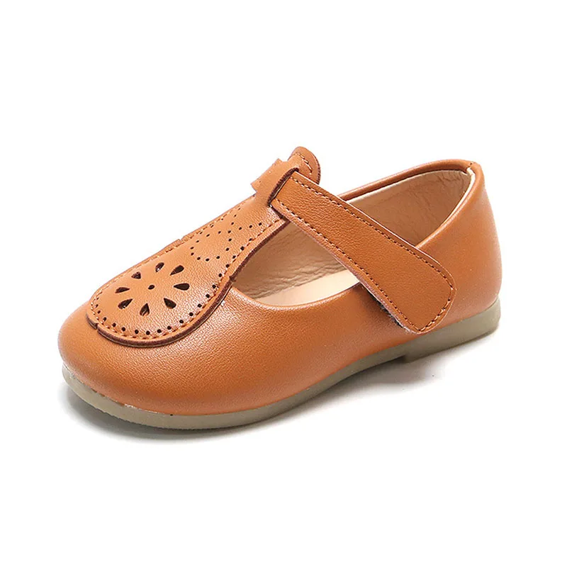 

CUZULLAA Kids T-Strap Hook & Loop Casual Shoes For Girls Leather Shoes Children Flower Cut-Outs Fashion Flats Size 21-30