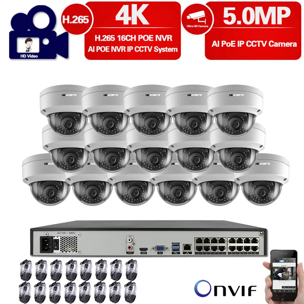 

16CH 4K NVR 5MP Dome POE IP Camera Kit ONVIF Home/Outdoor Security 8/16pcs Waterproof CCTV Vedio Surveillance System Set NVR Kit